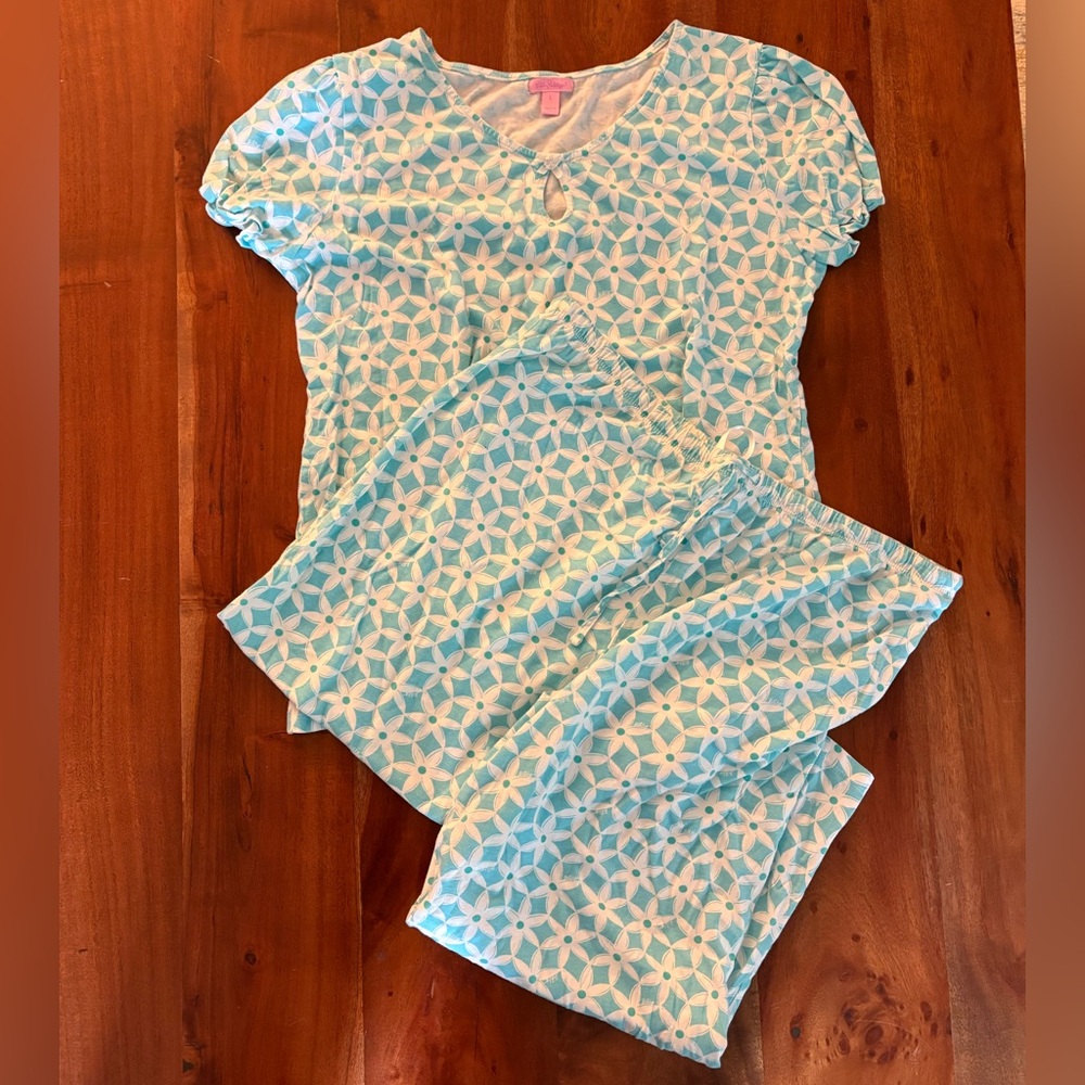 Vintage Lilly Pulitzer Blue White Flower Matching Pajama Set Cropped Pants